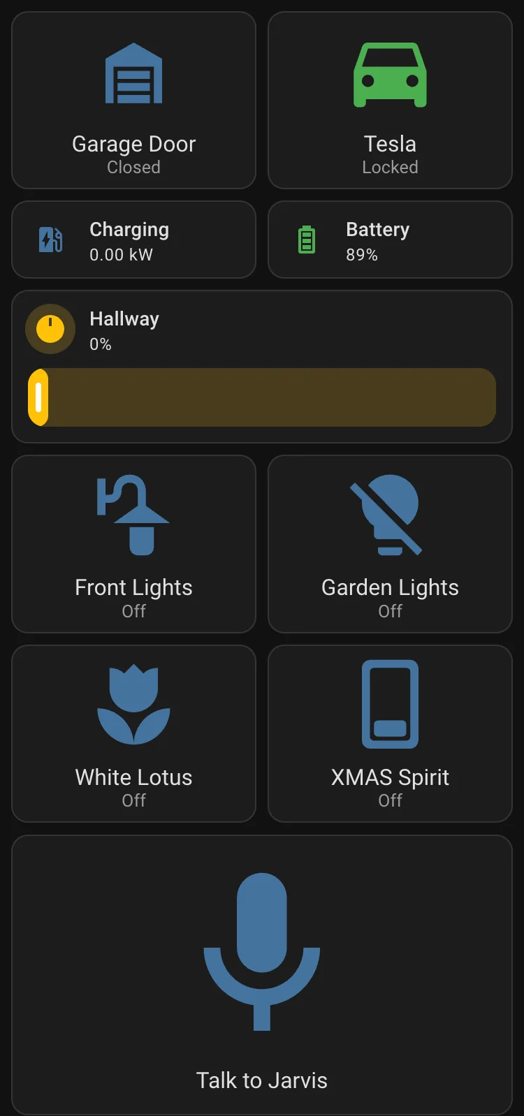 Front-door panel: garage door closed, Tesla locked and charging status, hallway light slider, front, garden and feature light buttons, and a Talk to Jarvis button